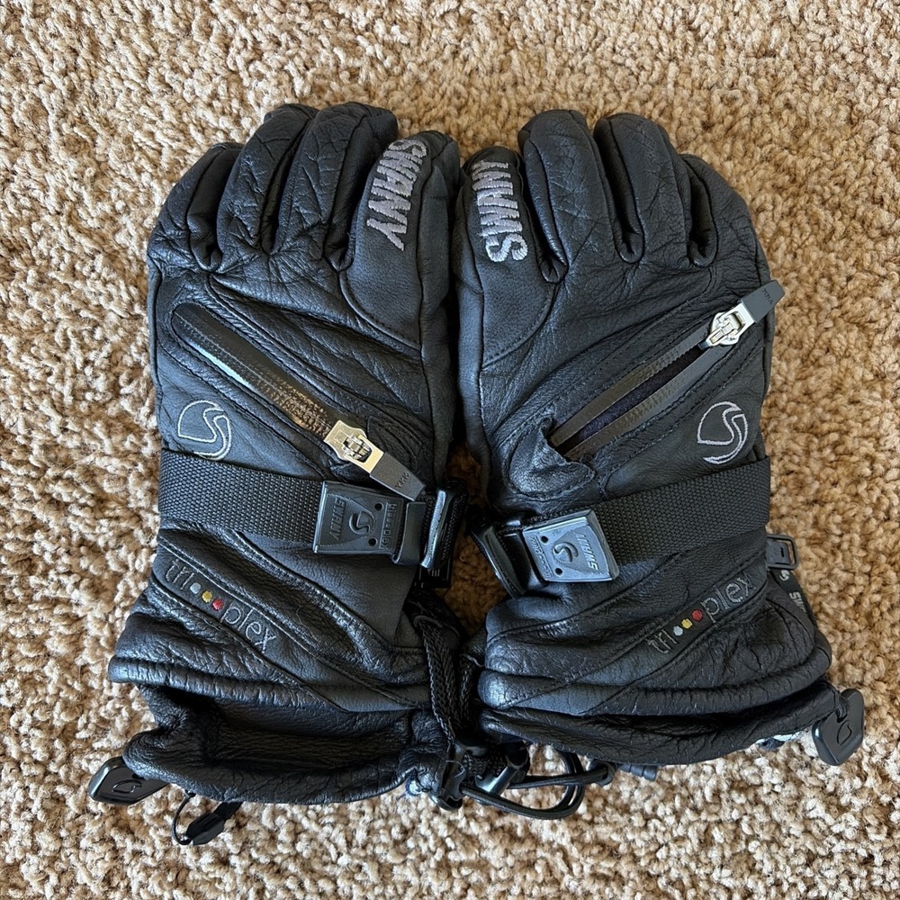 Swany Classic Black Leather Tri-Plex Insulated Ski Gloves Mittens Womens Small